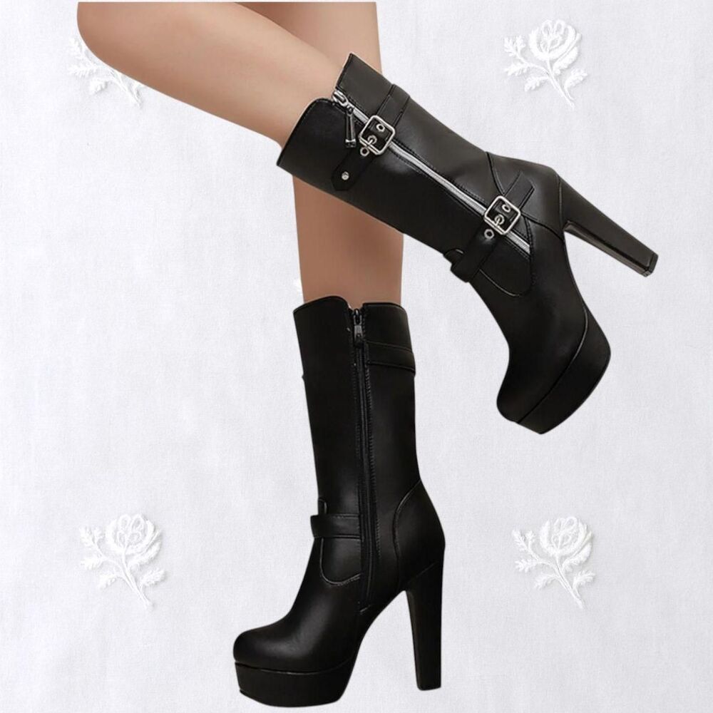 NEW Chunky Gothic Black Faux Leather Platform Buckle Zipper High Heel Boots 7.5